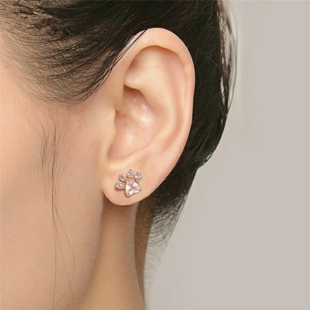 NEW Rose Gold Pink Heart Paw Print Stud Earrings - Picture 2 of 6
